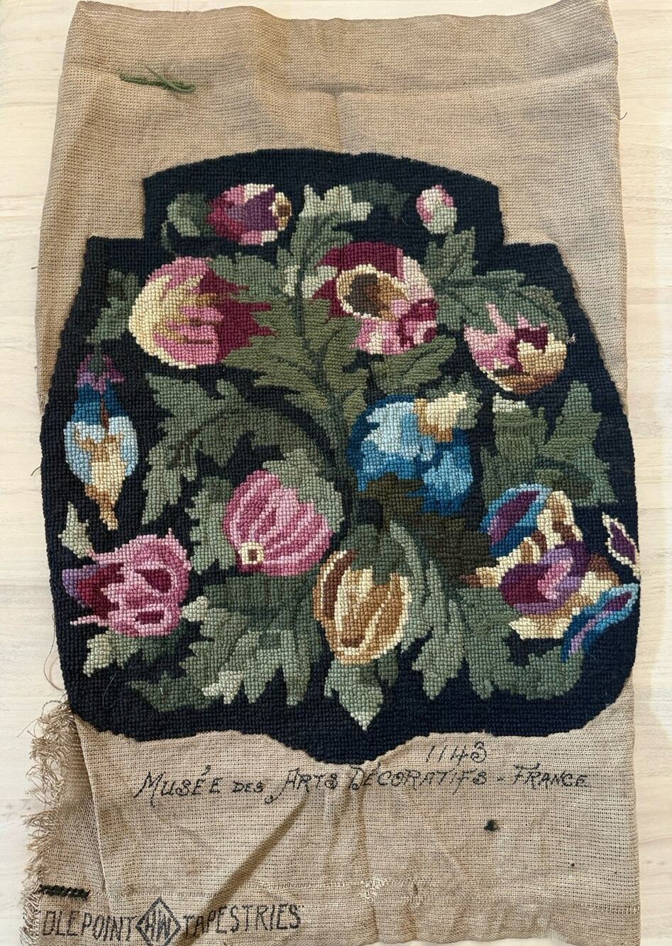 Vintage Finished Needlepoint Wool Tapestry Panel French Floral 25” Cottage Core